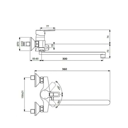 Смеситель для ванны D-Lin D147403-6 с изливом 300мм