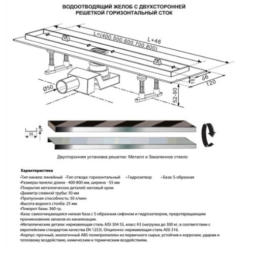 Желоб водоотводящий 700х70 мм TIM ZSt.1121.7002 Evolux Plus с двухсторонней решеткой горизонтальный сток