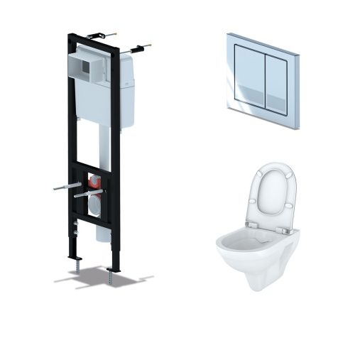 Комплект Инсталляция АНИ Пласт WC1010A без фитингов + Клавиша Ани Пласт WP1210, хром + Унитаз подвесной Stark (с микролифтом) Kirovit 30726