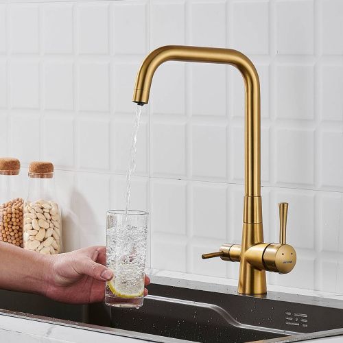 Смеситель для кухни Shevanik S528G с подключением фильтра питьевой воды, золотой сатин, Смесители с подключением к фильтру питьевой воды, , Shevanik