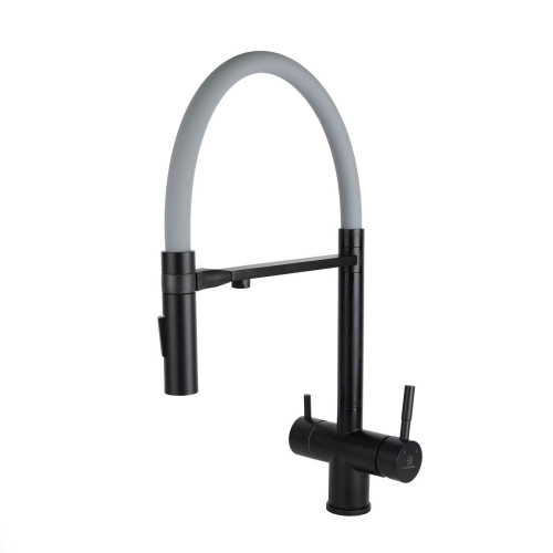 Смеситель для кухни Wasser Zimmer ZM-2011Q черный, с гибким изливом, подключением к фильтру питьевой воды, серый излив, SUS304