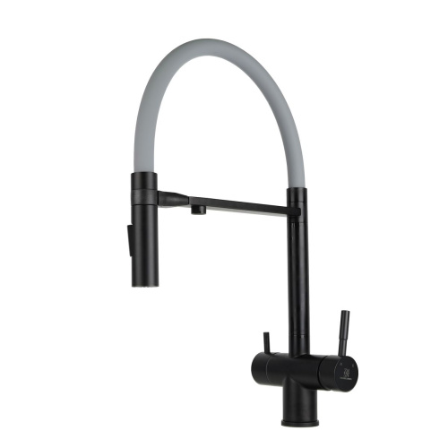 Смеситель для кухни Wasser Zimmer ZM-2011Q черный, с гибким изливом, подключением к фильтру питьевой воды, серый излив, SUS304