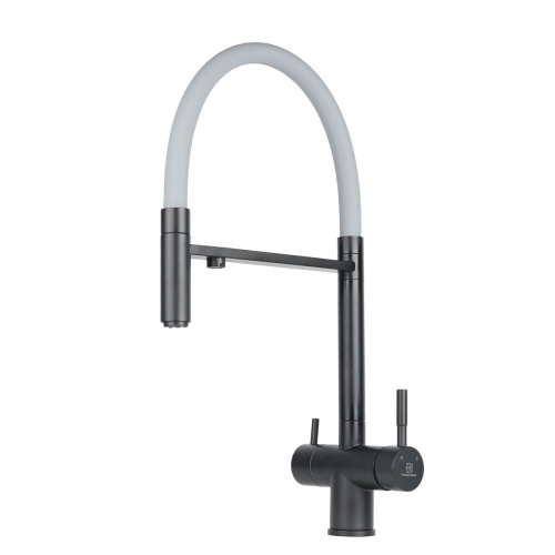 Смеситель для кухни Wasser Zimmer ZM-2010Q черный, с гибким изливом, подключением к фильтру питьевой воды, серый излив, SUS304