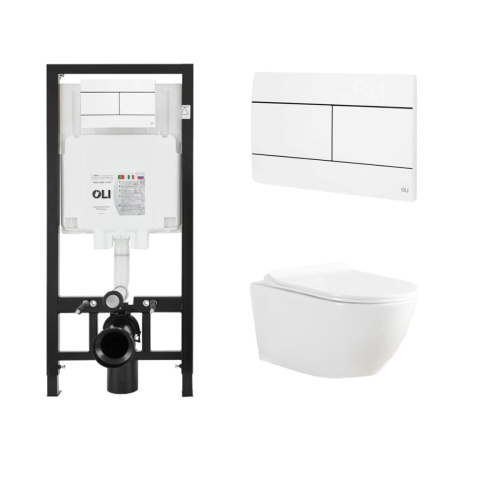 Комплект Инсталляция OLI 80 ECO mechanic с кнопкой Slim белая 886914SLO1 + Унитаз подвесной Knois KN9722001 безободковый, с крышкой 53,3х36,5х35,5 см.