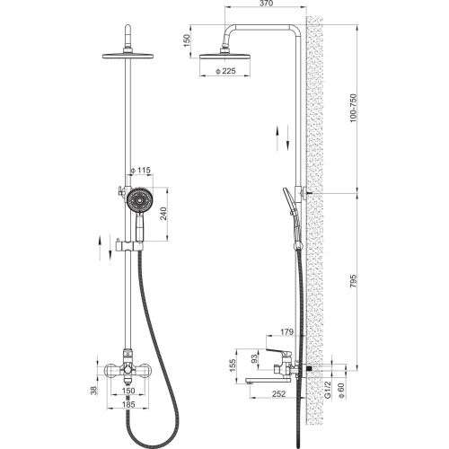 Душевая система со смесителем GROSS AQUA Prado GA9828SMDR с изливом, никель-хром