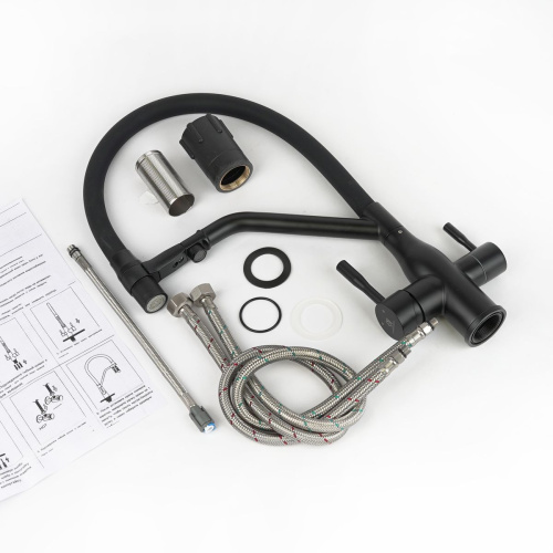 Смеситель для кухни Wasser Zimmer ZM-2001H черный, с гибким черным изливом, подключением к фильтру питьевой воды (6)