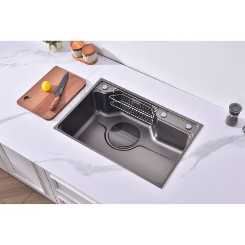 Мойка для кухни врезная Fmark FSC6845Q графит из нержавеющей стали, 68*45 см с сифоном, коландером, мусоросборником, корзинкой для губок