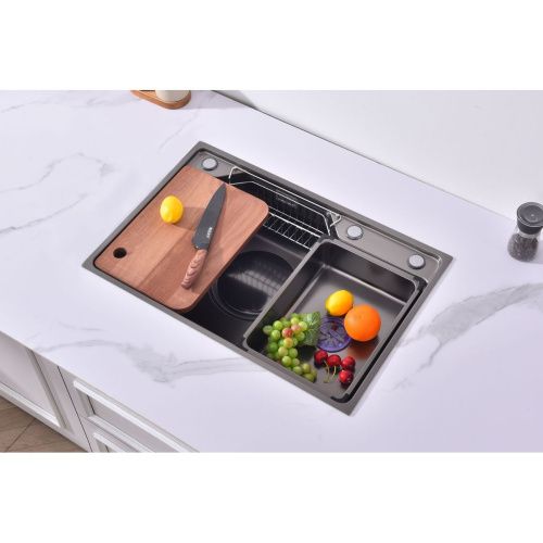 Мойка для кухни врезная Fmark FSC6845Q графит из нержавеющей стали, 68*45 см с сифоном, коландером, мусоросборником, корзинкой для губок