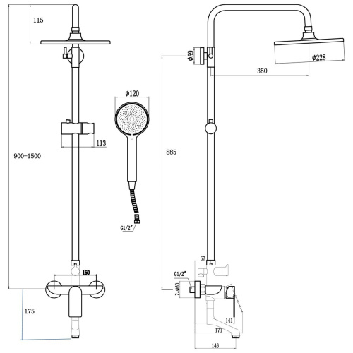 Душевая стойка Fmark FS8845Q со смесителем, лейкой и тропическим душем, графит