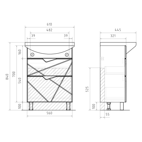 Тумба для ванны напольная VOLNA Pronto 60.2Y tnPRONTO60.2Y-01, белый, 2 ящика с раковиной Балтика 60
