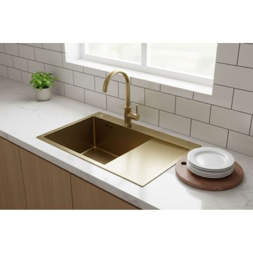 Мойка для кухни врезная Fmark FSC7550C-R матовое золото из нержавеющей стали, 75*50 см правая с сифоном