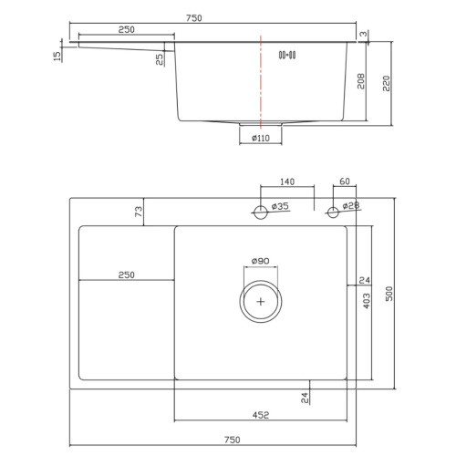 Мойка для кухни врезная Fmark FSC7550Q-R графит из нержавеющей стали, 75*50 см правая с сифоном