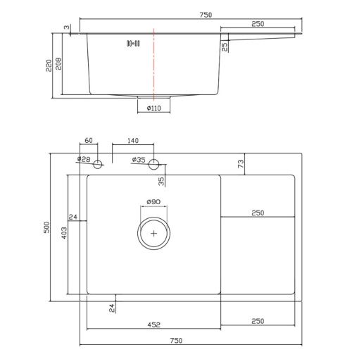 Мойка для кухни врезная Fmark FSC7550Q-L графит из нержавеющей стали, 75*50 см левая с сифоном