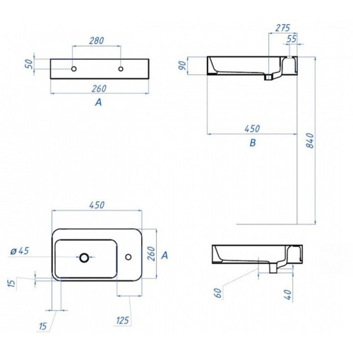 Раковина подвесная правая Watersense Mia 45 W00025 450х260х90 мм с полочкой под смеситель, белая