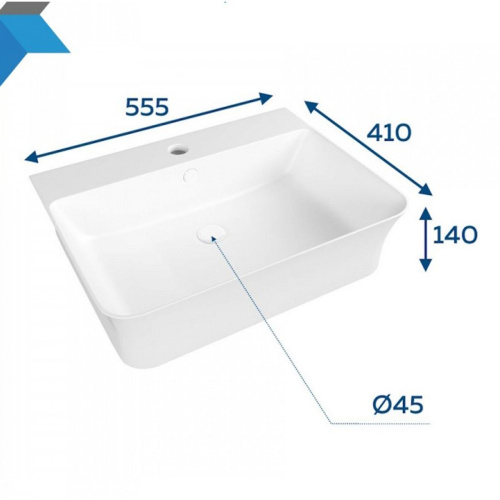 Раковина накладная Watersense Alina 55 W00775 555х410х140 мм с полочкой под смеситель, белая
