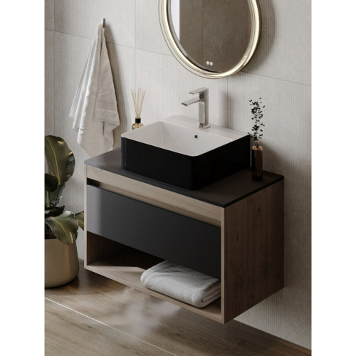 Раковина накладная Watersense Eva 46 Duo W00773 465х420х155 мм с полочкой под смеситель, черно-белый глянец