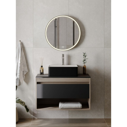 Раковина накладная Watersense Eva 46 Duo W00773 465х420х155 мм с полочкой под смеситель, черно-белый глянец