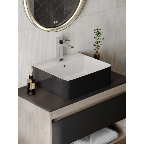 Раковина накладная Watersense Eva 46 Duo W00773 465х420х155 мм с полочкой под смеситель, черно-белый глянец