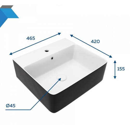 Раковина накладная Watersense Eva 46 Duo W00773 465х420х155 мм с полочкой под смеситель, черно-белый глянец