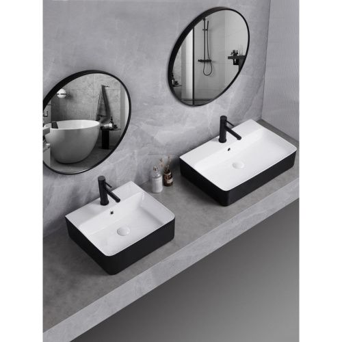 Раковина накладная Watersense Eva 60 Duo W00774 605х415х135 мм с полочкой под смеситель, черно-белый глянец