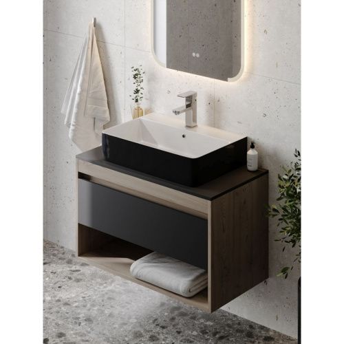 Раковина накладная Watersense Eva 60 Duo W00774 605х415х135 мм с полочкой под смеситель, черно-белый глянец