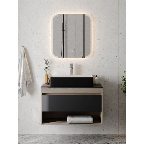 Раковина накладная Watersense Eva 60 Duo W00774 605х415х135 мм с полочкой под смеситель, черно-белый глянец