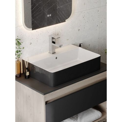 Раковина накладная Watersense Eva 60 Duo W00774 605х415х135 мм с полочкой под смеситель, черно-белый глянец