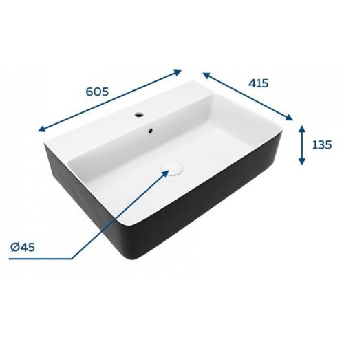 Раковина накладная Watersense Eva 60 Duo W00774 605х415х135 мм с полочкой под смеситель, черно-белый глянец