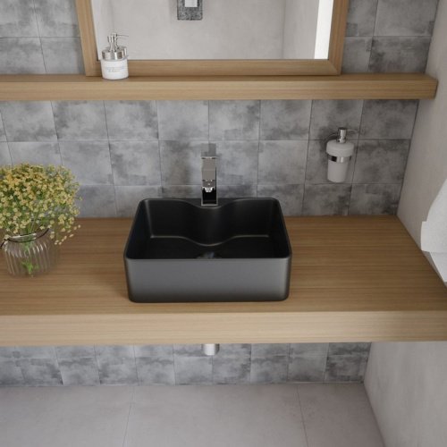 Раковина накладная Watersense Eva Mini 41 W00174 405х300х130 мм с полочкой под смеситель, черная матовая