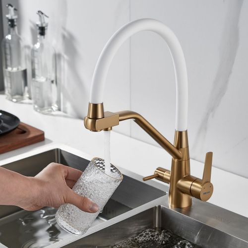 Смеситель для кухни Shevanik S968G с подключением фильтра питьевой воды, белый/золото