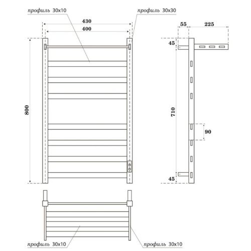 Полотенцесушитель электрический 115Вт APEXTERMO Терра TR11184BM 800x400 мм с крючками и полкой, черн. матовый
